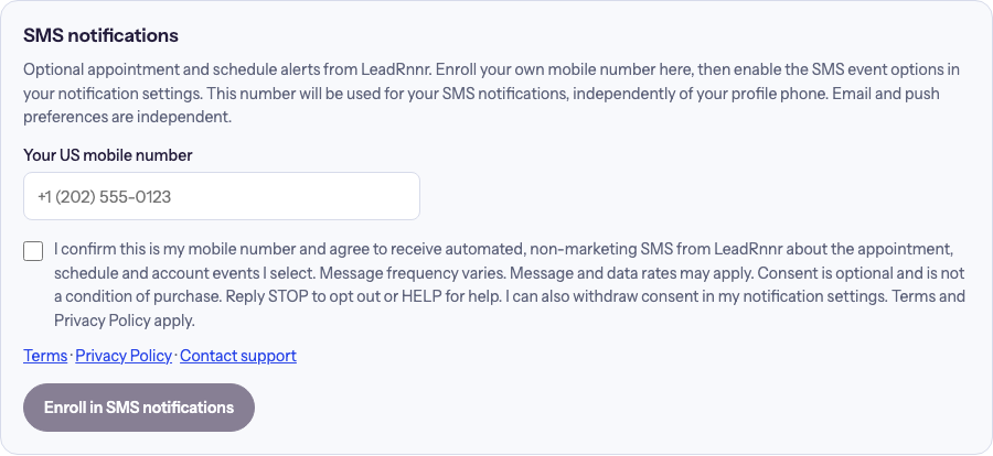 LeadRnnr SMS enrollment form with an empty mobile number field, an unchecked optional consent checkbox, Terms and Privacy Policy links, and an Enroll in SMS notifications button.